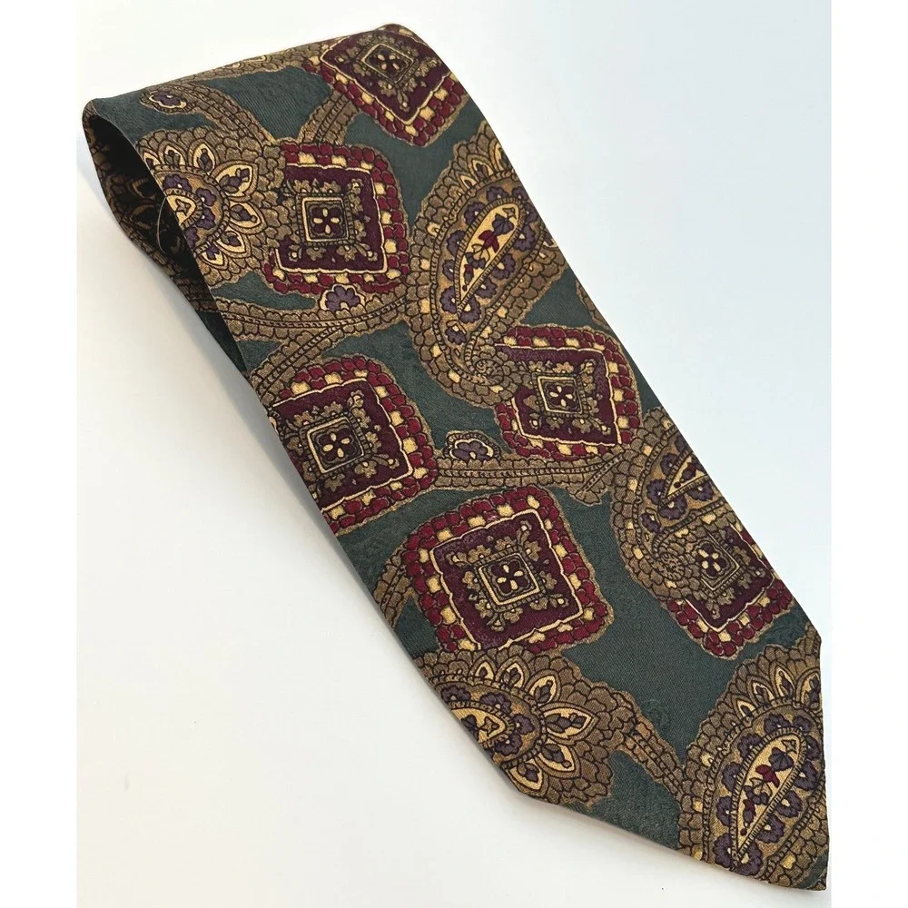 Robert Talbott Carmel Necktie Paisley Square Olive Green Burgundy‎ Silk Tie